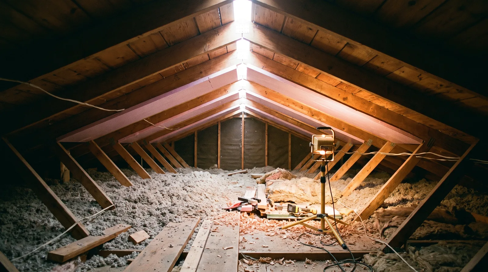 Attic during a ventilation upgrade with new rafter baffles at the eaves and a ridge vent slot cut along the peak