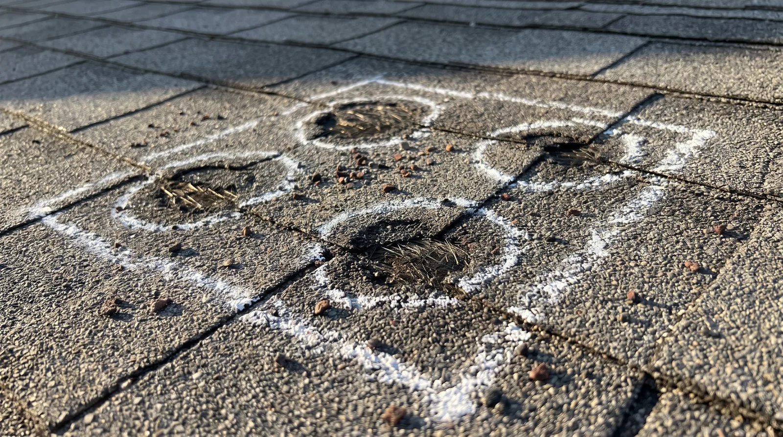 Close-up of hail bruises and granule loss on an asphalt shingle, several impacts circled in chalk inside a ten-foot test square