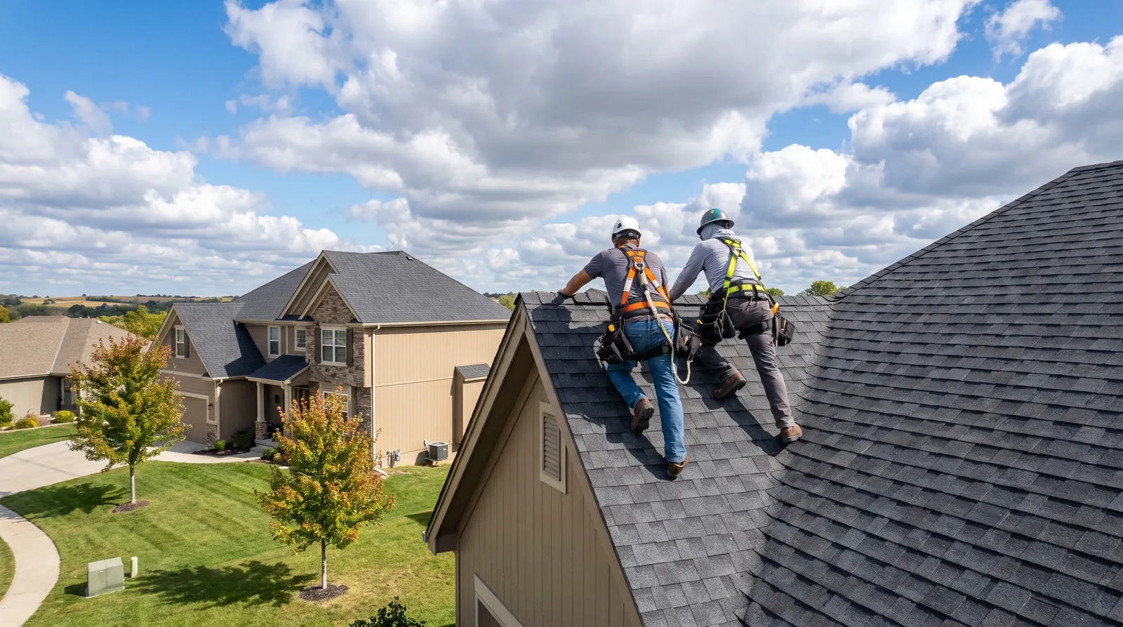 Roofers finishing a new charcoal architectural shingle roof on a two-story home in an Olathe, Kansas subdivision under a wide prairie sky