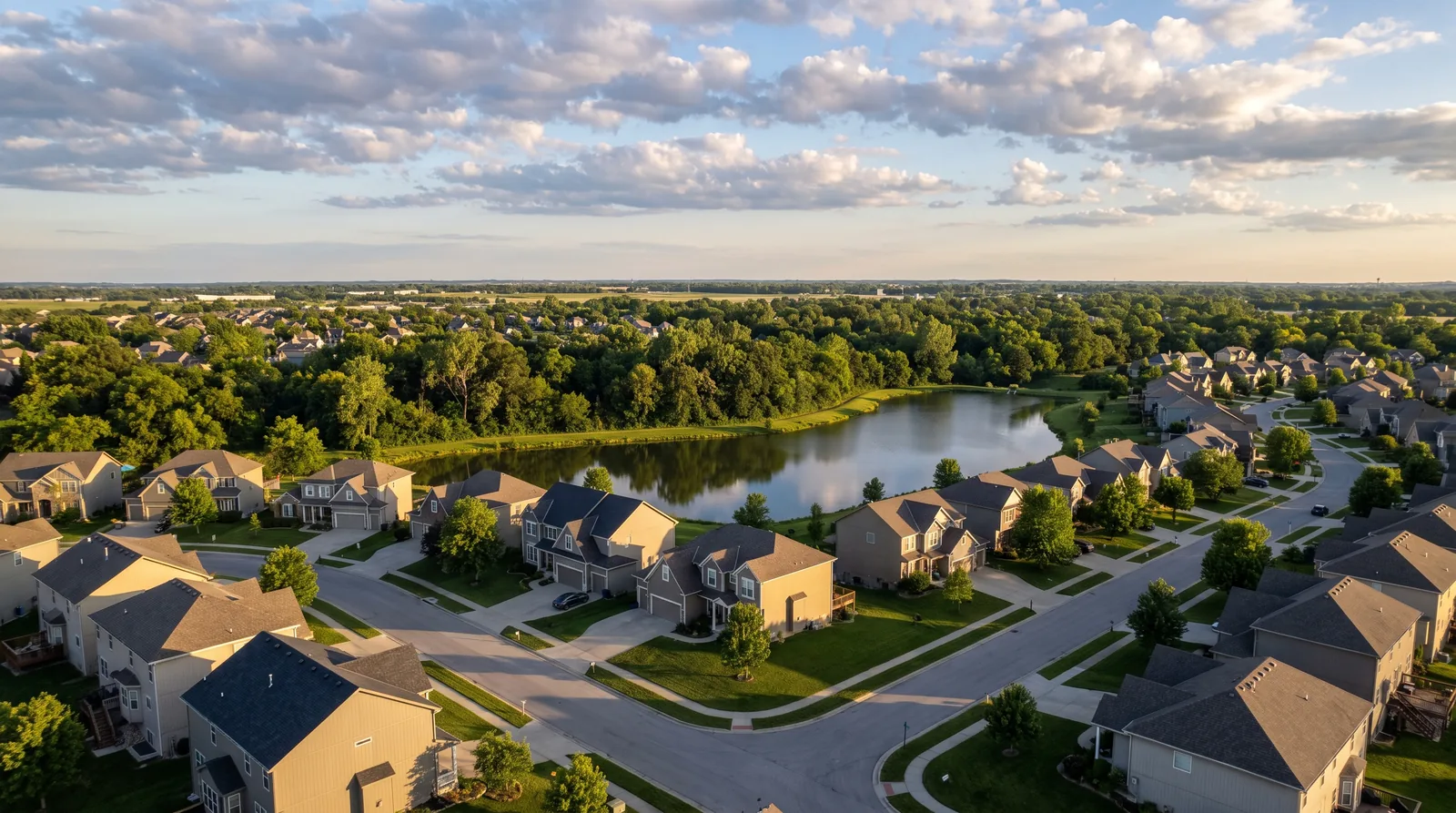 Aerial view of an Olathe, Kansas neighborhood: curving streets of homes with shingle roofs, a greenbelt and a pond under a wide sky