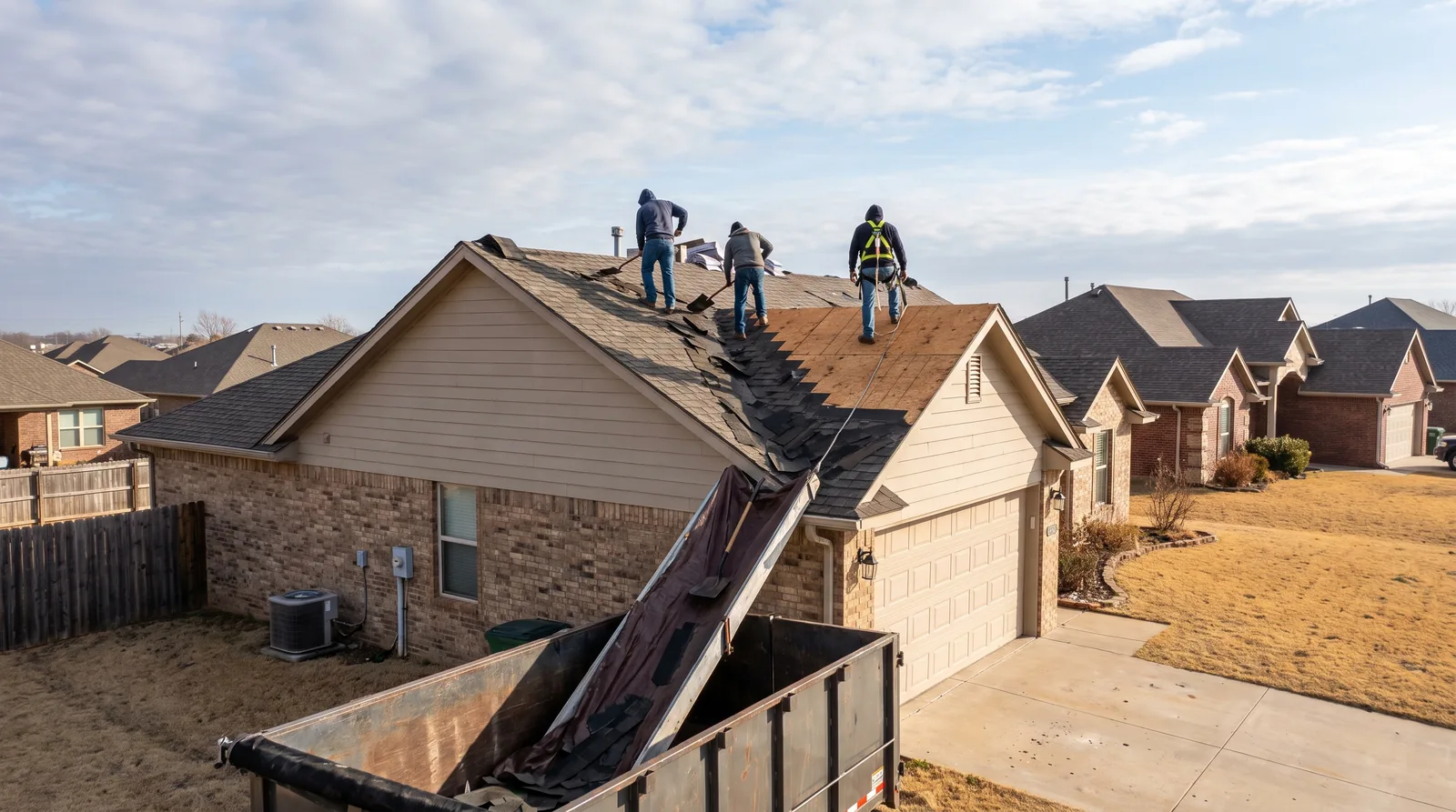 Crew tearing shingles down to the deck on a Johnson County home, debris sliding into a dump trailer in the driveway