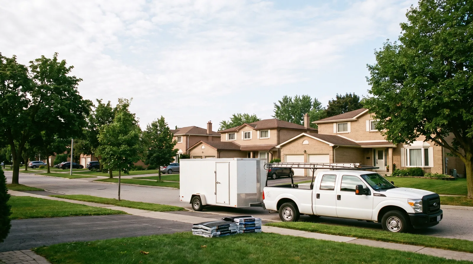 Roofing crew truck and enclosed trailer parked on a tree-lined street of homes in an Olathe neighborhood