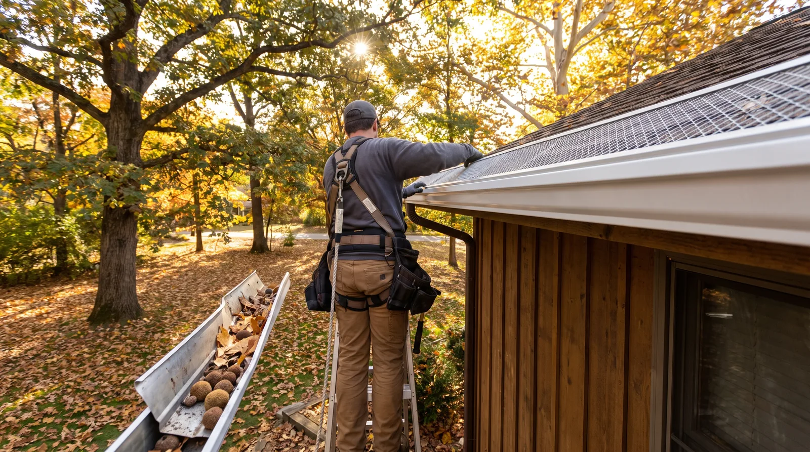 Installer fitting seamless aluminum gutters with micro-mesh guards on the eave of a home under mature trees
