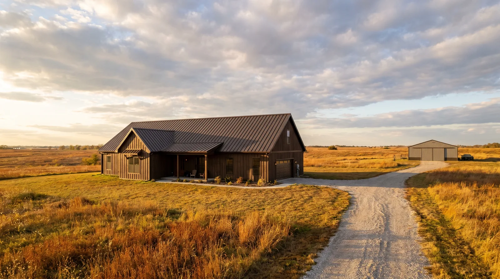 New dark bronze standing-seam metal roof on a modern farmhouse on an acreage lot west of Olathe with open prairie behind